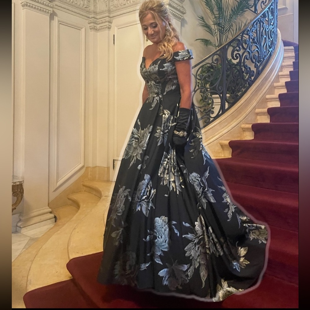 Jovani Black and Gold Floral Gown